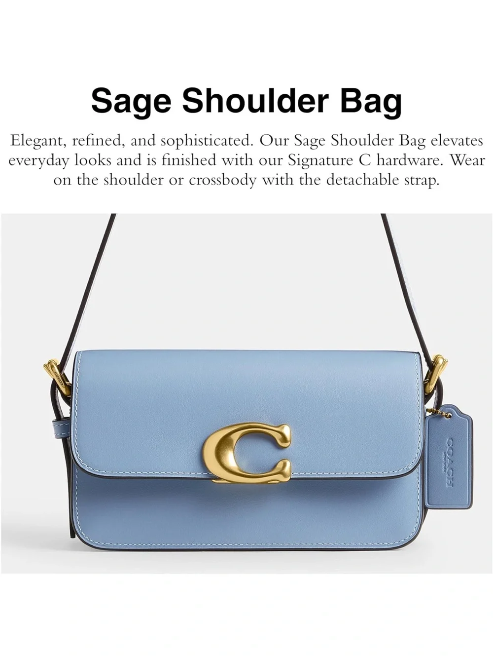 New Coach Light Blue Refined Calf Leather Zoe Shoulder Bag with Gold Hardware